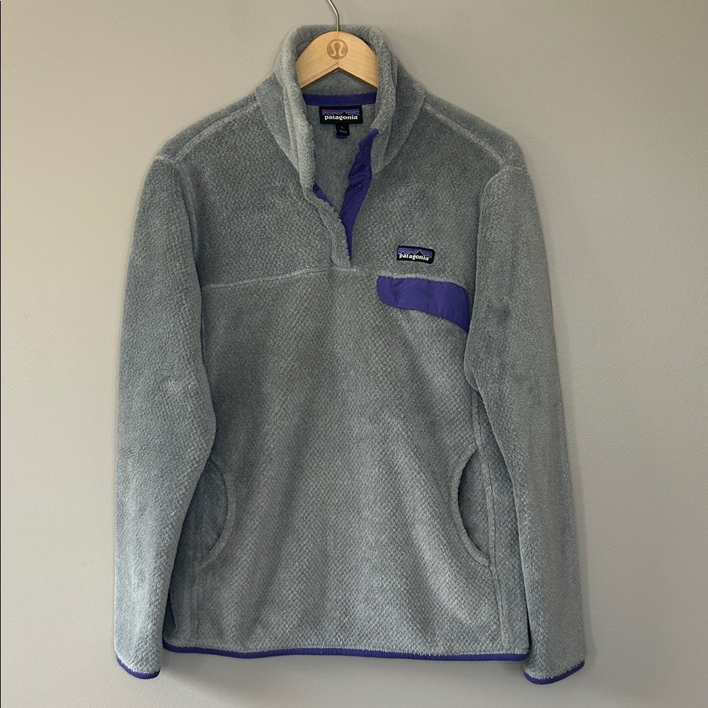 Patagonia Women’s Re-Tool Snap-T Pullover Large Gray Purple Trim Fleece Soft‎